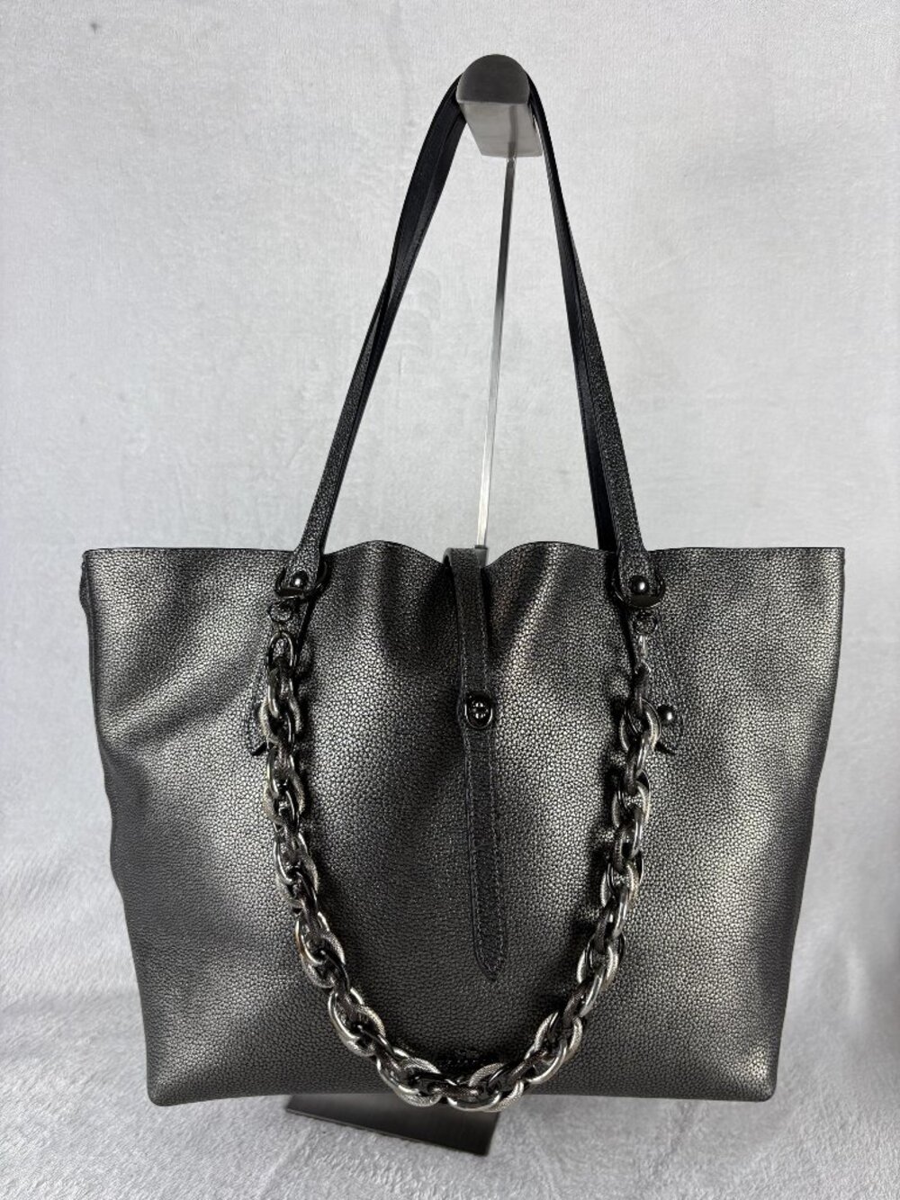 Coach Market Tote in Gunmetal Metallic Grey Polished Pebble Leather with Chain